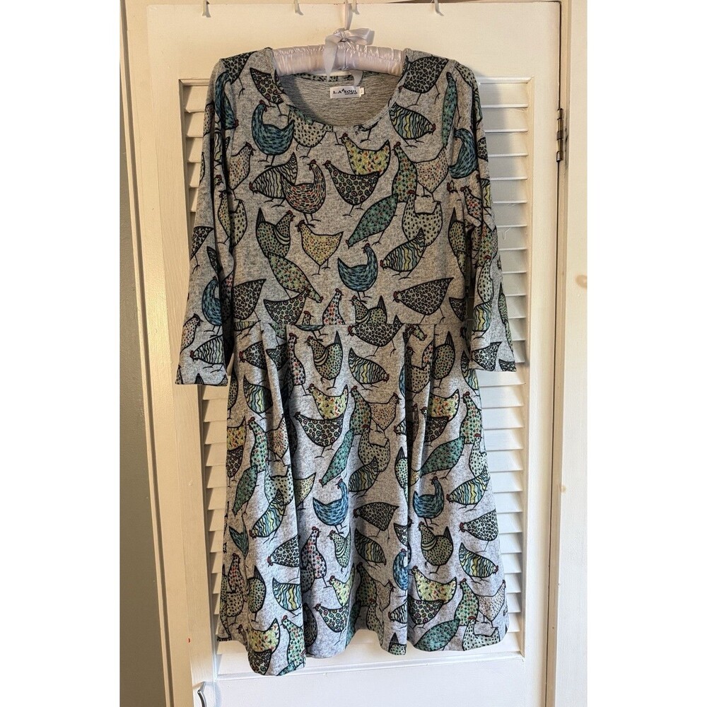 LA Soul Chicken Print Dress Size L Fit & Flare Whimsical Hipster Kidcore boho